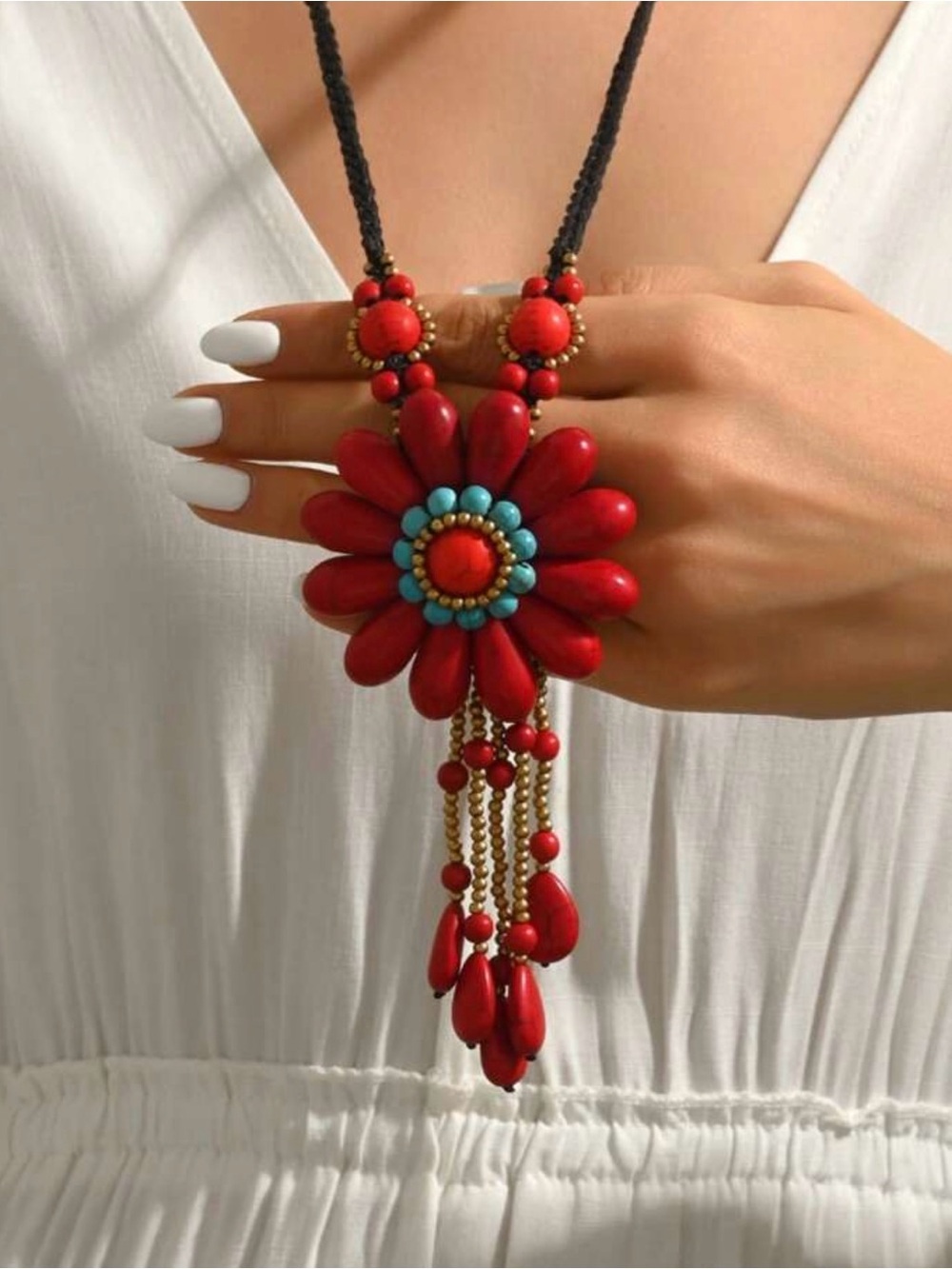 Bold Red Floral Statement Necklace with Turquoise Center